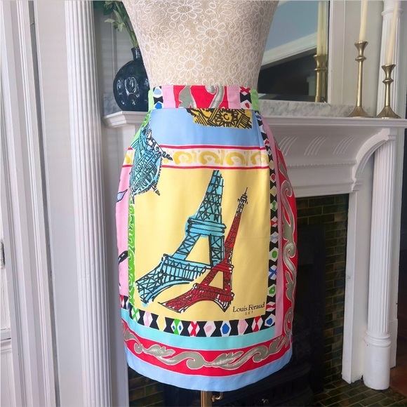 VINTAGE LOUIS FERAUD Silk “Paris Scarf” Print High Waisted Pencil Skirt Size 10 - Picture 4 of 14